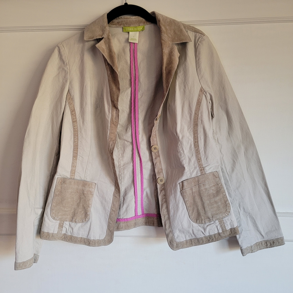 Suede-Trim Lightweight Women's Jacket in Beige / Tan - Sigrid Olsen